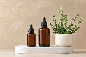 Poster - Essential oils resting on scandinavian-style platform with neutral backdrop