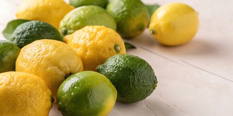 Aufkleber - A Group of Limes and Lemons Lay on a Light Table, Showing Their Freshness and Ripe Appearance