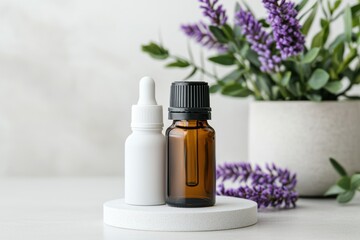 Poster - Essential oils resting on scandinavian-style platform with lavender bouquet
