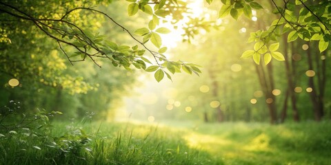 Poster - Sunlight filtering through lush foliage in a verdant woodland setting, casting a warm glow on the green grass and trees