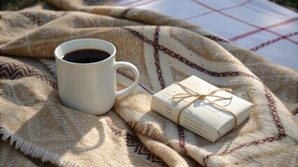 Poster - A cup of coffee and a wrapped gift rest on a soft blanket, bathed in the gentle light of the morning sun.