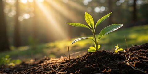 Aufkleber - A young plant seedling reaching for the sun through a soft beam of sunlight in a lush green forest setting