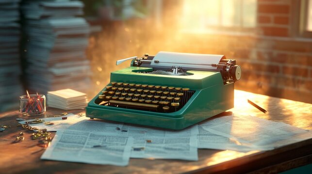 Vintage Typewriter on Desk with Pile of Newspapers. Generative AI