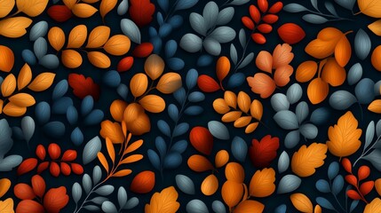 Wall Mural - Closeup of vibrant multicolur leaves clustered on a dark, natural backdrop