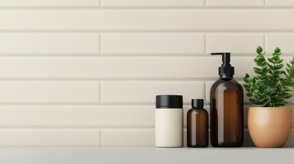Poster - Minimalist wellness products displayed on shelf with neutral brick wall background