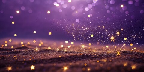 Aufkleber - A shimmering field of golden glitter illuminated by sparkling lights and stars against a deep purple background.