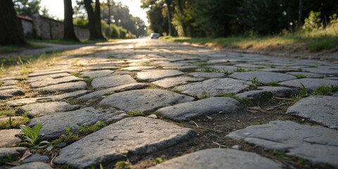 Poster - A perspective view of a cobblestone pathway, with green grass growing between the stones, creating a textured and natural feel.