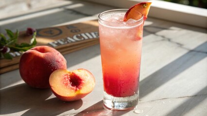 Poster - A refreshing peach cocktail with a peach garnish, served in a tall glass and surrounded by fresh peaches on a white marble table.