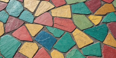 Poster - A close-up view of a colorful stone mosaic, showcasing a vibrant pattern of irregularly shaped stones set in a grey mortar