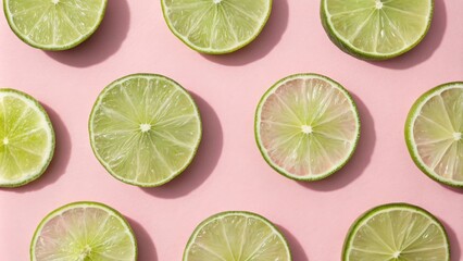 Poster - A flat lay of sliced lime halves with contrasting light and shadows on a pastel pink background.