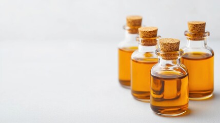 Poster - Wellness oils in glass bottles with cork stoppers on white background