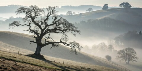 Poster - A solitary tree stands tall on a rolling hillside, its silhouette stark against the misty morning light, the landscape a canvas of muted hues and ethereal fog.