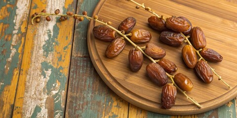 Poster - A cluster of dried dates on wooden branches, arranged on a wooden platter, against a weathered rustic backdrop