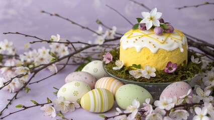 Aufkleber - Easter Celebration with a Festive Cake and Painted Eggs Surrounded by Delicate Spring Blossoms