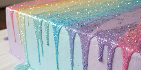 Poster - A close-up view of a pastel-colored cake with dripping glittery frosting, adorned with delicate golden sprinkles.