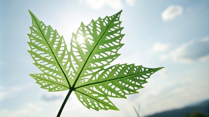 Poster - A delicate green leaf with intricate perforations, illuminated by the sun, stands out against a backdrop of a blue sky and fluffy clouds.