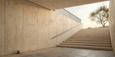 Leinwandbilder - A minimalist staircase with a beige concrete wall and a railing leading to a view of a single tree in the distance.