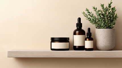 Poster - Amber glass bottles and jar with blank labels displaying minimalist skincare products for branding