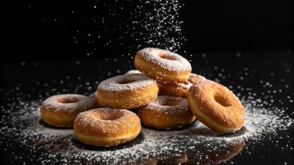 Poster - A group of freshly baked donuts dusted with powdered sugar on a black background, showcasing the sweetness and indulgence of this classic treat.
