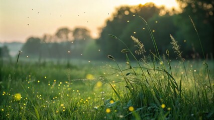 Aufkleber - A field of tall grass sparkles with dewdrops as the sun sets, casting a golden glow on the landscape.
