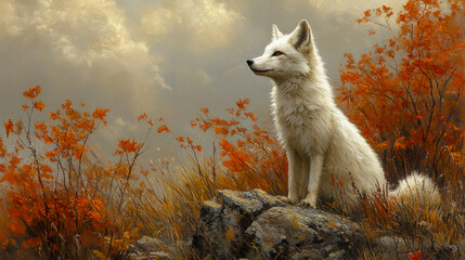 A white arctic fox sits atop a rocky outcrop, gazing at the colorful autumn trees and dramatic clouds, showcasing nature's serene beauty
