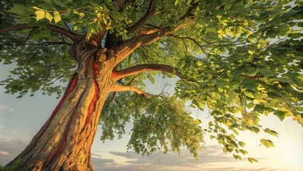 Poster - A majestic tree with a rough, textured bark reveals vibrant red streaks, reaching towards the sky with its leafy branches, bathed in warm sunlight.
