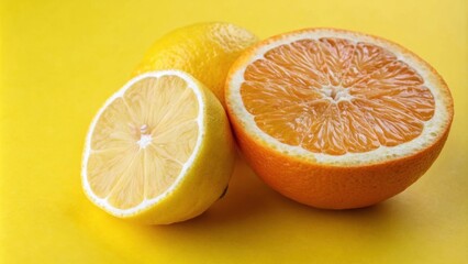 Poster - A Citrus Arrangement Featuring A Half Cut Orange and Lemon with a Whole Lemon Beside it on a Vibrant Yellow Background