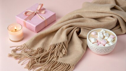 Poster - Cozy Winter Scene with a Bowl of Marshmallows, a Lit Candle, and a Soft Blanket