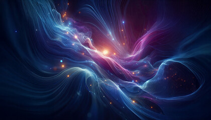 Poster - Abstract waves of deep blues and purples blending together in a soft, swirling motion, with hints of glowing lights scattered throughout.
