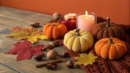 Aufkleber - A Cozy Autumn Scene with Knitted Pumpkins, Burning Candles, and Warm Colors on a Wooden Table