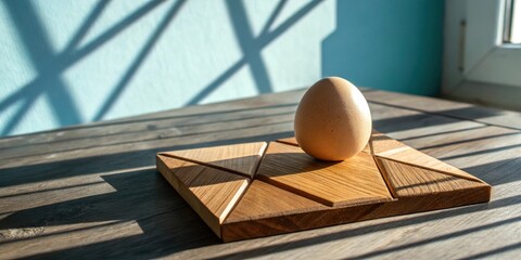 Aufkleber - A single egg resting on a geometric wooden puzzle, bathed in the warm glow of sunlight streaming through a window.