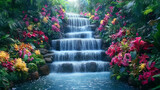 Paradise landscape with beautiful gardens, waterfalls and flowers, magical idyllic heavenly view with beautiful fantastic flowers in eden. Cascade. Illustration