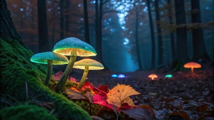 Poster - Enchanted Glow A Trio of Luminous Mushrooms Illuminating a Misty Woodland Path