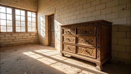 Poster - Sunlight streams through a large window, illuminating an intricately carved wooden chest of drawers in a room with white tiled walls.