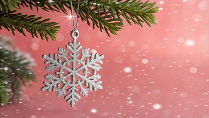 Aufkleber - Sparkling Silver Snowflake Hanging From Pine Branch Against a Blurry Pink Background with Glittering Snowfall