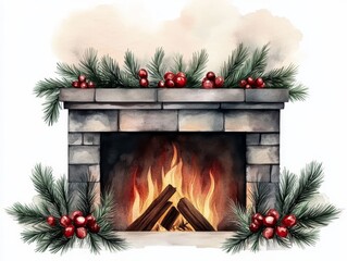 Wall Mural - Cozy christmas fireplace decorated with pine branches and red ornaments for a festive holiday celebration