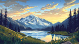 Serene alpine landscape at dusk with majestic mountains in the cascade range, washington state, usa. Cascade. Illustration