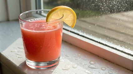 Poster - A glass of refreshing pink juice with a lemon wedge garnish sits on a windowsill, sunlight reflecting off the condensation on the window and glass