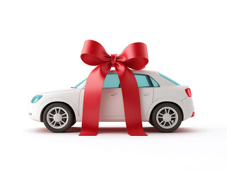 Wall Mural - white car adorned with large red ribbon and bow, symbolizing gift. This evokes feelings of celebration and joy, perfect for special occasions