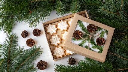 Poster - A gift box filled with homemade snowflake cookies and decorated with pine branches and pine cones.