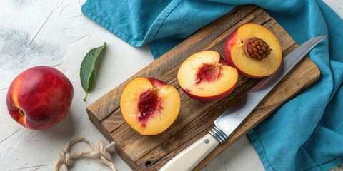 Poster - A whole peach and three halves on a wooden cutting board with a knife and a blue napkin beside it