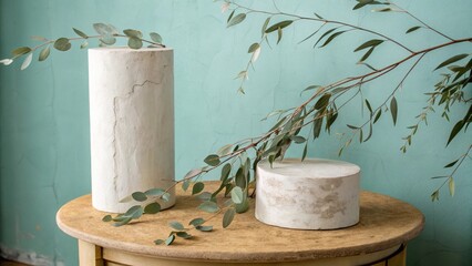 Poster - Rustic Minimalist Still Life Featuring Two White Cylinders and Greenery on a Wooden Table