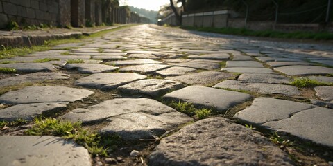 Poster - A cobblestone road winds through a small town, with the sun shining down on the stone and casting long shadows