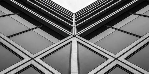 Fototapete - A low angle view of a modern building's facade, showcasing a repeating pattern of concrete frames and glass panels, creating a symmetrical and abstract design.