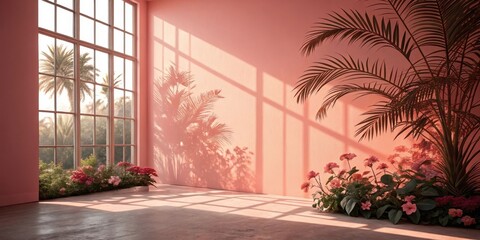Poster - Sunlit Room with Palm Tree Silhouette Cast Against a Pink Wall and Blooming Flowers on the Floor