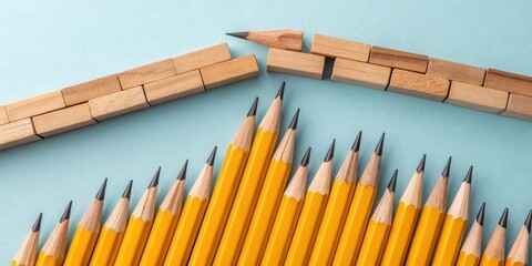 Poster - A row of yellow pencils breaking through a wall of wooden blocks as a symbol of creativity, innovation, and overcoming obstacles