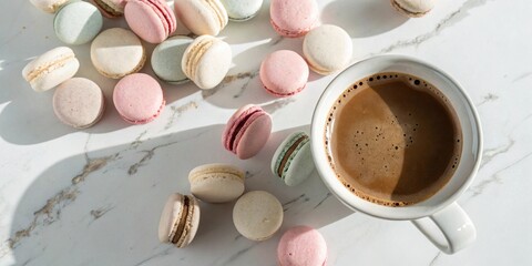 Aufkleber - A cup of coffee with a light and airy foam topping and an assortment of colorful macarons on a white marble surface.