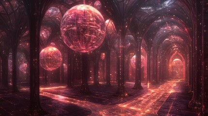 Poster - A digital-inspired design featuring translucent spheres and glowing arcs, arranged seamlessly to depict connectivity.