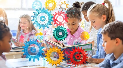 group of children in a classroom, reading together, while an overlay of colorful abstract shapes and