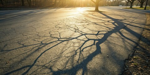 Poster - The silhouette of a tree branch cast upon an asphalt path during golden hour, illuminating a cracked surface with intricate patterns of light and shadow